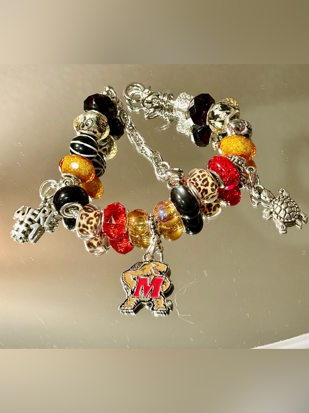 University of Maryland beaded Charm Bead Bracelet with Gold & Red Accents